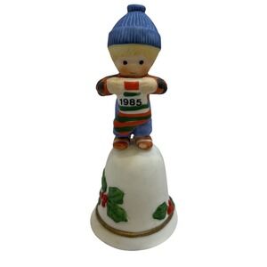 Vintage 1985 Enesco Christmas Bell Figurine Boy‎ Holding Stocking Ornament